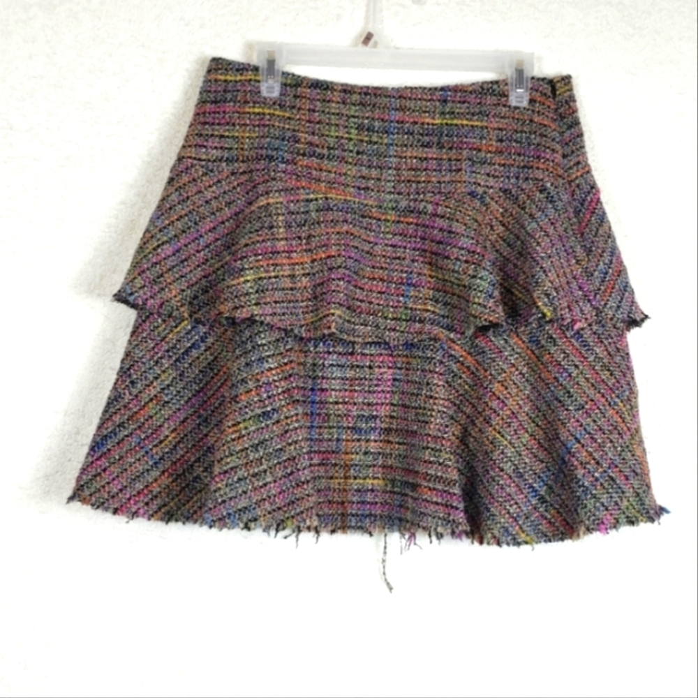 Trina Turk Tiered Ruffle Tweed Multicolor Wool Mini Skirt XS Schoolgirl Academia